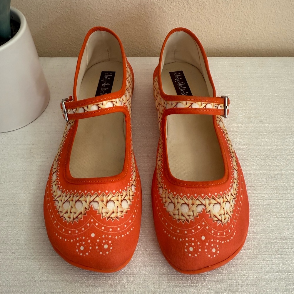 Hot Chicolate Design Orange Patterned Textile Mary Jane Shoes